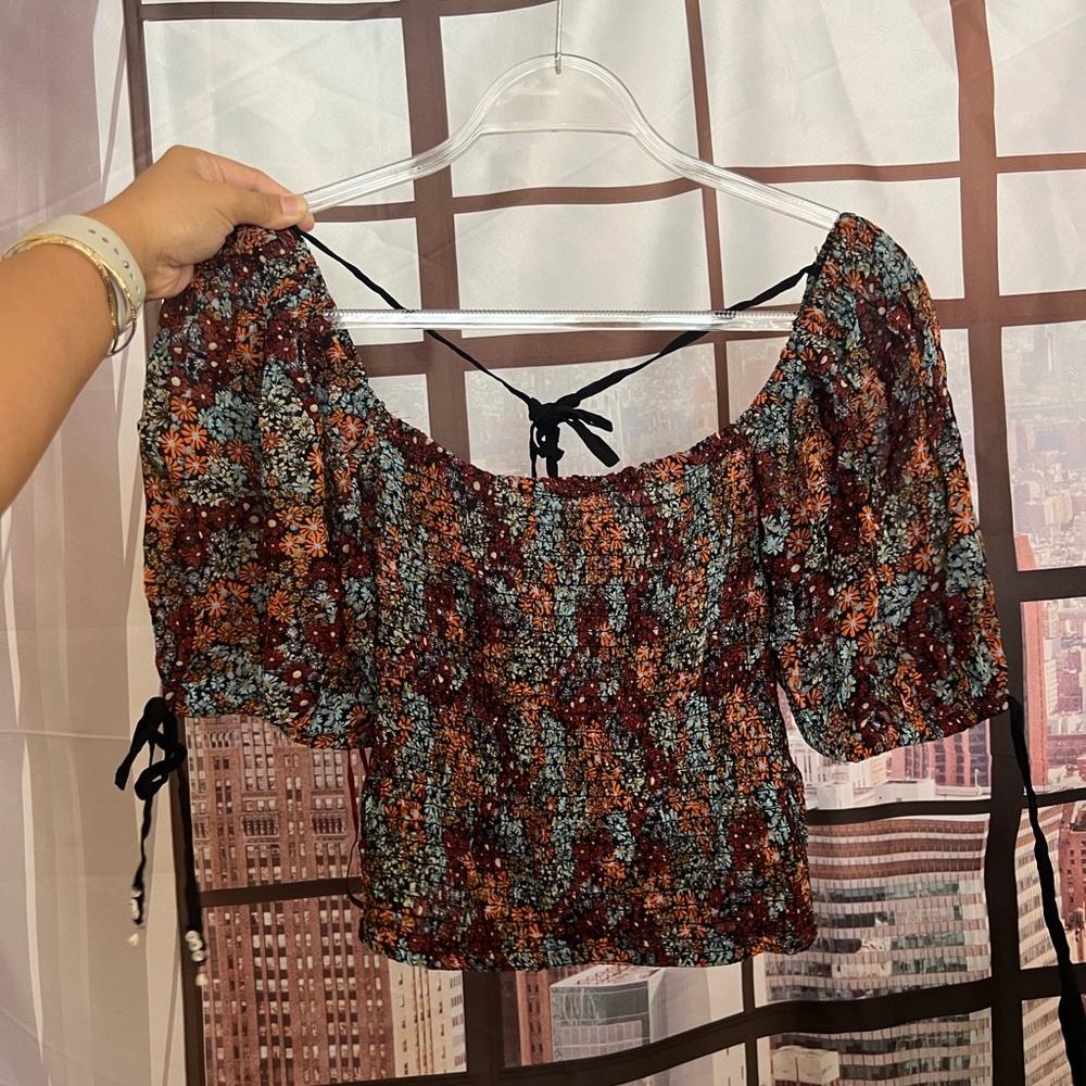 Free People Red and Orange Puff Sleeve Smocked Crop Blouse